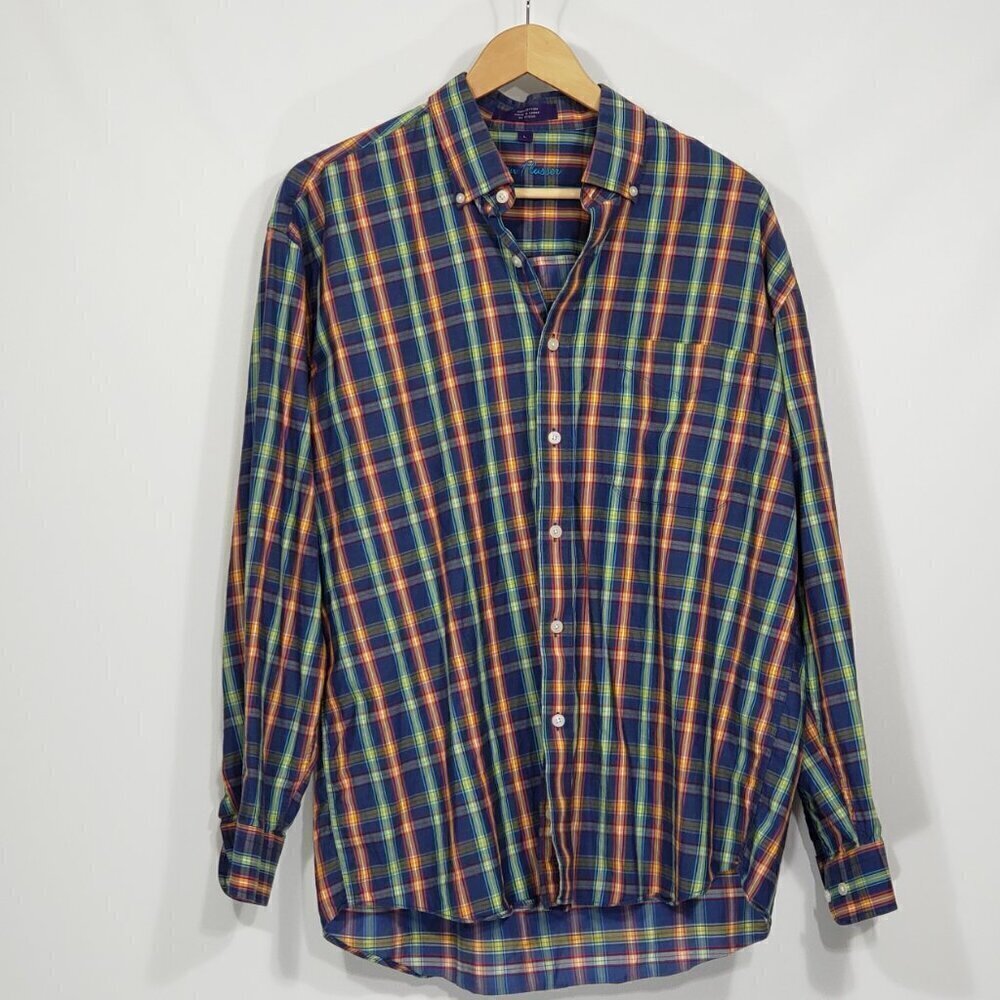 Alan Flusser Colorful Plaid Buttondown Shirt blue green orange Size L Preppy